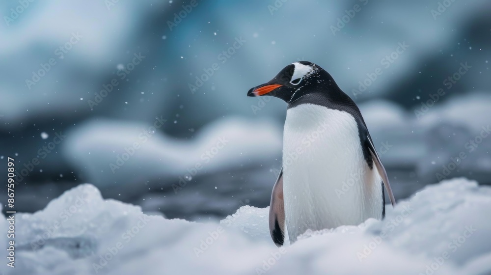 A solitary penguin in a snowy environment with snowflakes gently falling around it, capturing the serene and peaceful atmosphere in its natural cold habitat during winter. A solitary penguin in a snowy environment with snowflakes gently falling around it, capturing the serene and peaceful atmosphere in its natural cold habitat during winter.