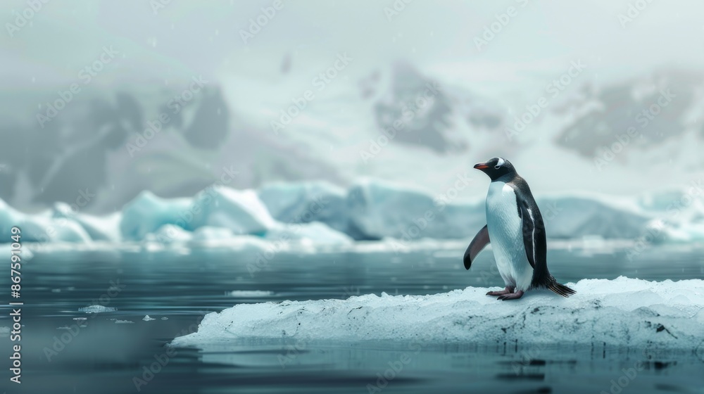 Fototapeta premium A Gentoo penguin stands on icy terrain amidst a snowy landscape, embodying the resilience of Antarctic wildlife thriving in a cold, challenging environment, underscoring natural beauty.