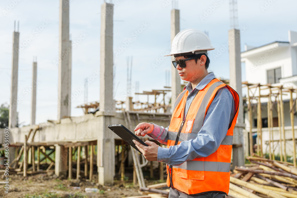 Male Asian construction contractor engineer checks structural plans, engineers concrete columns and beams of a new house. Male Asian construction contractor engineer checks structural plans, engineers concrete columns and beams of a new house.