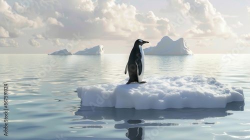 A solitary Gentoo penguin stands on a floating piece of ice, surrounded by a vast, tranquil sea and under a partially cloudy sky, conveying serene isolation and the grand nature.
