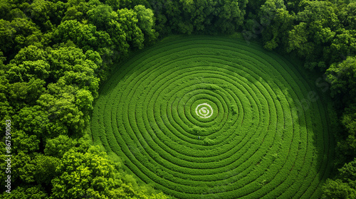 A telephoto angle capture of crop circles in a clover field, the dense green foliage creating a rich backdrop for the intricate patterns, environmental scientists, engineers, activ photo