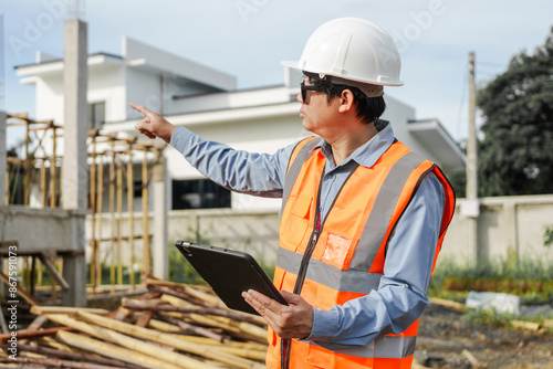 Photos Male Asian construction contractor engineer checks structural plans, engineers concrete columns and beams of a new house