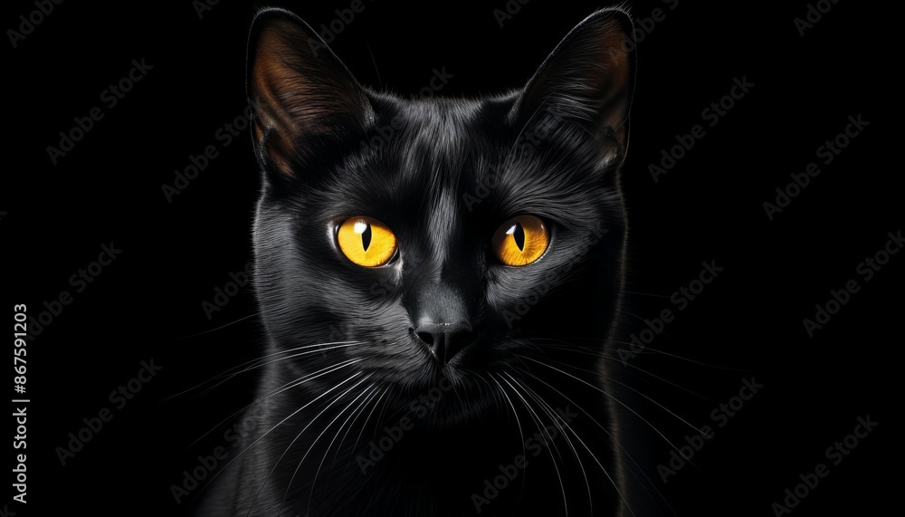 Close-up of a black cat with striking golden eyes against a dark background, highlighting its fur and piercing gaze. Close-up of a black cat with striking golden eyes against a dark background, highlighting its fur and piercing gaze.