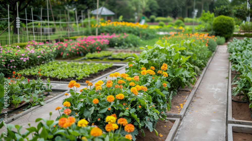 School garden with blooming flowers, vegetable patches, and neatly maintained walkways School garden with blooming flowers, vegetable patches, and neatly maintained walkways
