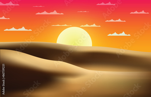 sunny desert landscape, where the sands shine under the sun and clouds in the sky