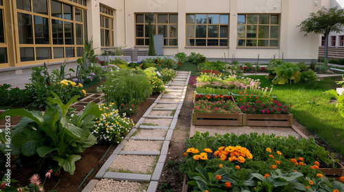 School garden with blooming flowers, vegetable patches, and neatly maintained walkways