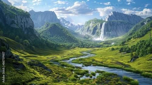 Verdant valley with a meandering river, mountains in the background, and a dramatic waterfall.