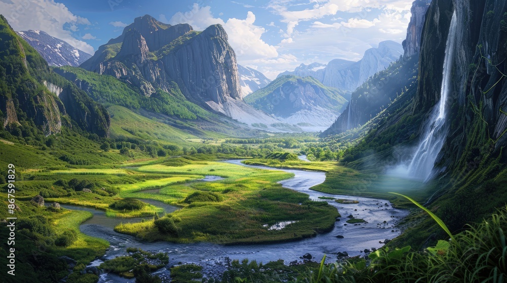Verdant valley with a meandering river, mountains in the background, and a dramatic waterfall. Verdant valley with a meandering river, mountains in the background, and a dramatic waterfall.