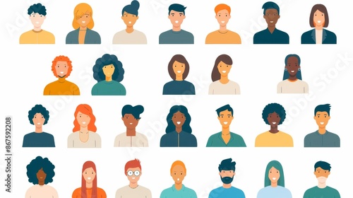 A set of flat style illustrated avatars representing diverse individuals, capturing various hair colors, styles, and clothing, perfect for digital media and networks.