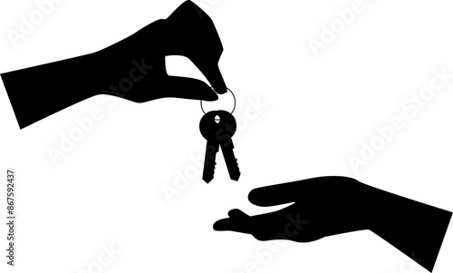Black silhouette of hand that giving two keys to another hand vector illustration. Transparent background.
