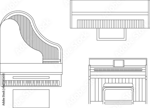 Vector silhouette illustration sketch of a detailed design of a piano seen from above