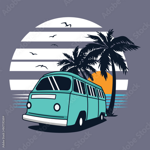 Summer vibes surfing camper van illustration for t-shirt, patch, sticker etc