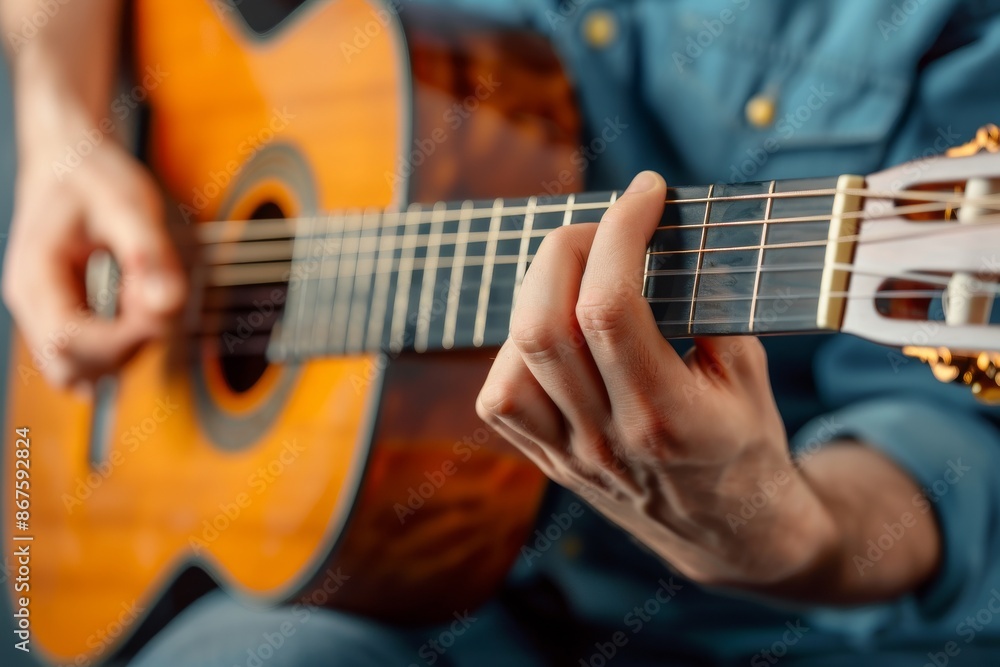 Obraz premium Close-up of a Man's Hand Playing an Acoustic Guitar