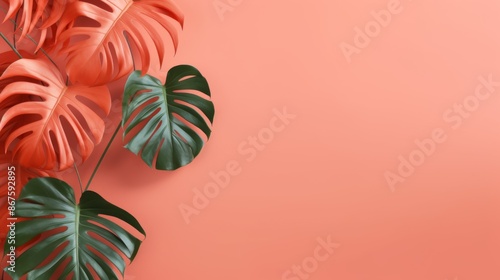 An arrangement of mixed-color tropical leaves on an elegant peach backdrop, featuring both orange and green hues, providing a balanced and harmonious aesthetic appeal.