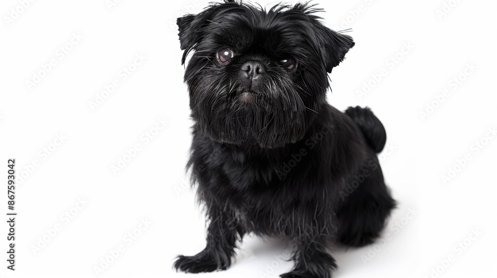 A charming black Brussel Griffon dog sitting and looking forward on a white background, highlighting its distinct features and fluffy fur, perfect for pet lovers and stock imagery. A charming black Brussel Griffon dog sitting and looking forward on a white background, highlighting its distinct features and fluffy fur, perfect for pet lovers and stock imagery.