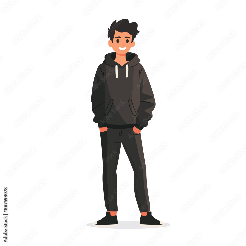 A man stands and smiles , full-length, simple minimalist illustration, flat illustration, isolated on a white background, one character A man stands and smiles , full-length, simple minimalist illustration, flat illustration, isolated on a white background, one character