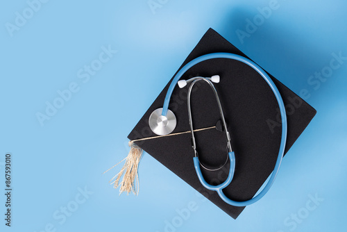 Medical education, graduation cap and doctor's stethoscope, student completing degree in medicine, college ceremony recognizing academic success photo