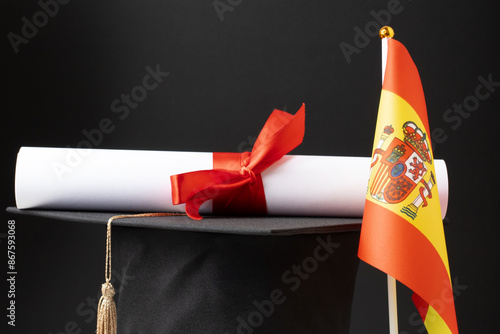 Spanish education and language learning, graduation cap with diploma and flag of Spain, student celebrates global learning achievement