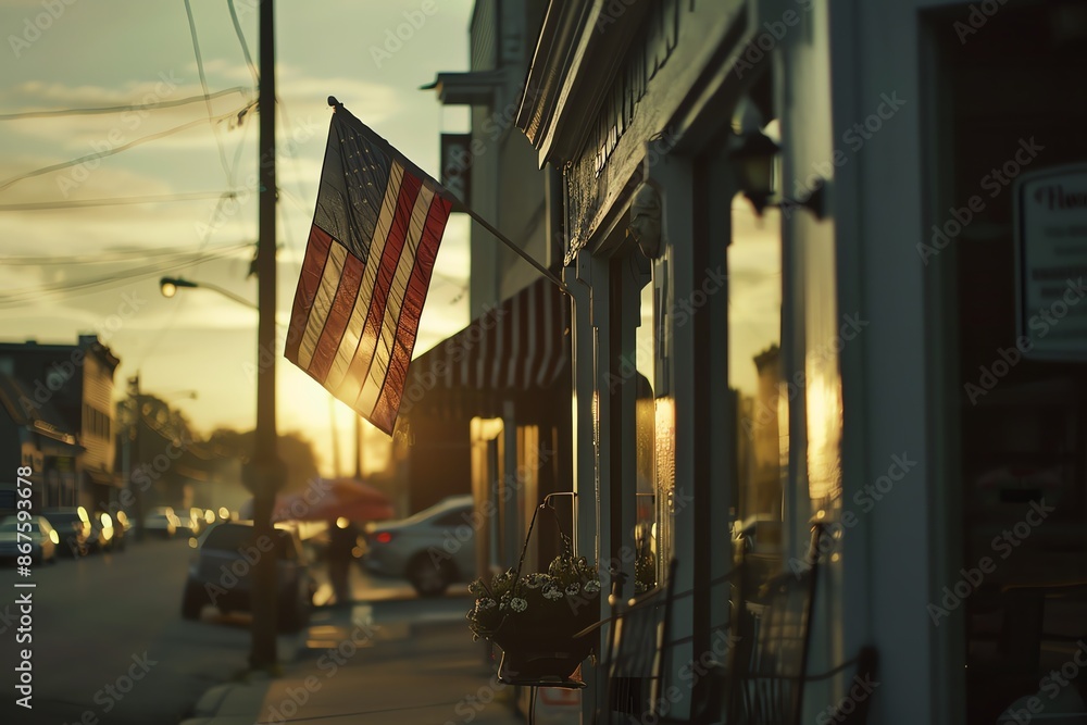 A small town street at sunset, with an American flag waving in the breeze. The warm light of the setting sun casts long shadows on the buildings. A small town street at sunset, with an American flag waving in the breeze. The warm light of the setting sun casts long shadows on the buildings.