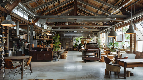 A charming retro warehouse with wooden beams, old-fashioned machinery, and a nostalgic atmosphere, located in a revitalized industrial area