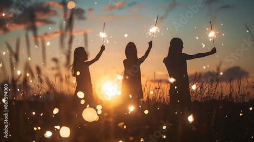 Silhouettes of three girls holding sparklers at sunset. They are standing in a field of tall grass. The image has a dreamy and magical feel.