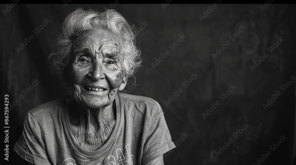 Fototapeta premium Elderly woman smiling in t shirt, posing against contrasting backdrop in a realistic portrait