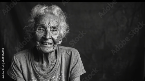 Elderly woman smiling in t shirt, posing against contrasting backdrop in a realistic portrait