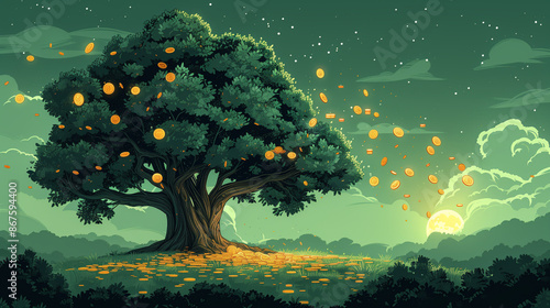 A fairy tale illustration of a tree with coins cascading from its branches, magical and shimmering tree of gold coins, Visualized imagination © Broccolini