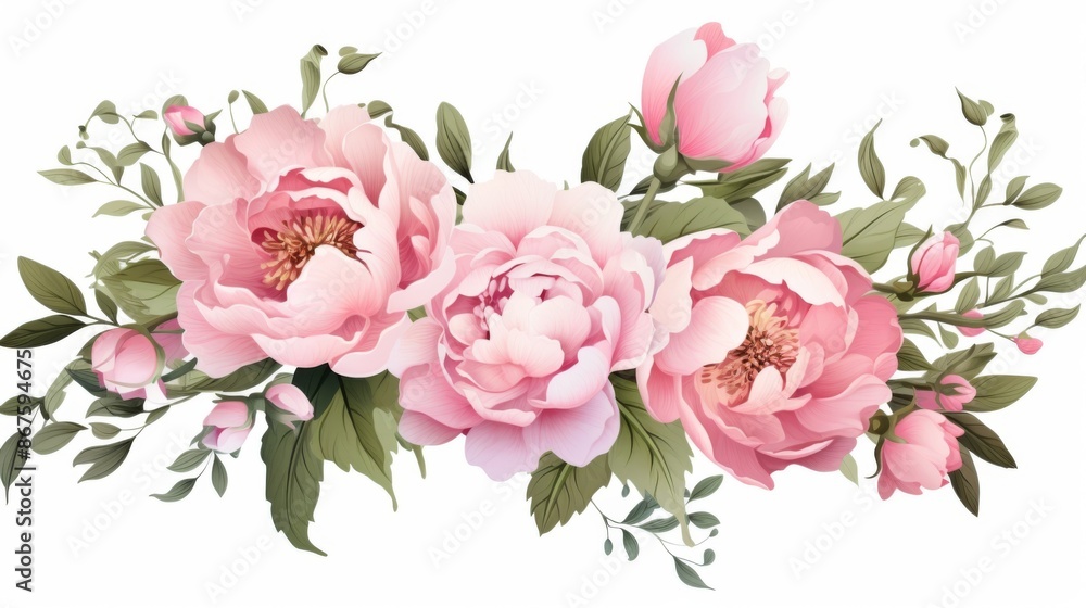 A stunning collection of pink peonies in full bloom, intertwined with lush green leaves and budding flowers, creating a picturesque botanical scene that exudes natural charm.