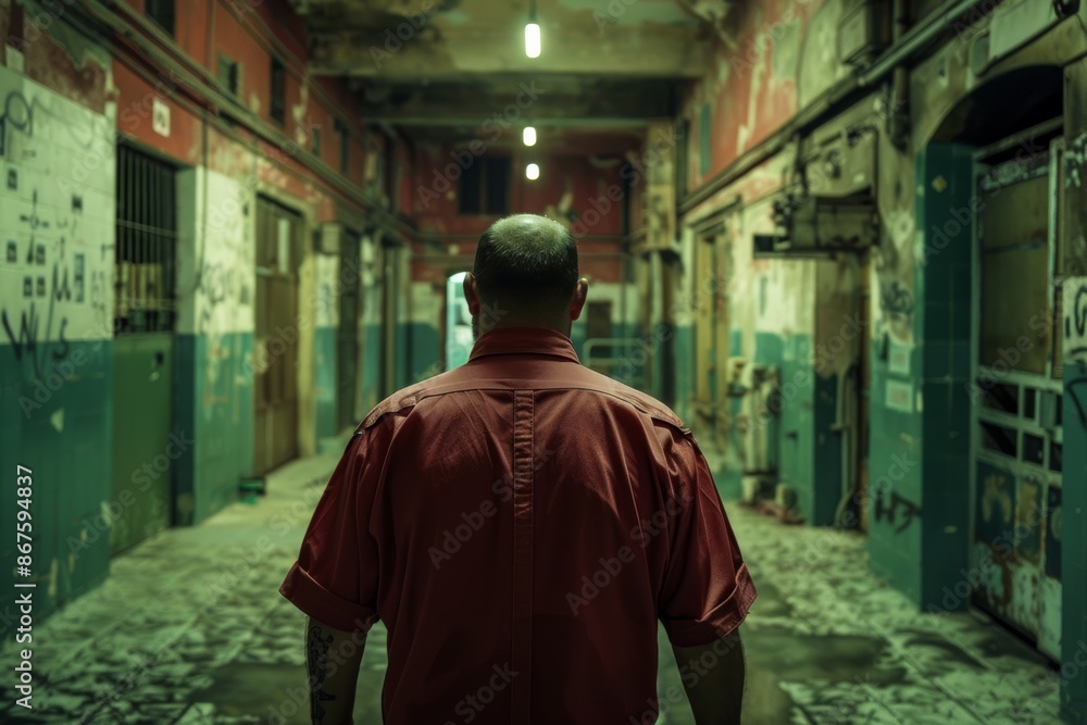 Naklejka premium convicted felon walking in corridor, scene at shady neighborhood, crime rate, criminal activity in big cities, safety and security level