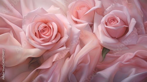 This image showcases elegant pink roses surrounded by soft, flowing fabric, creating a romantic and delicate atmosphere with intricate details and gentle hues.