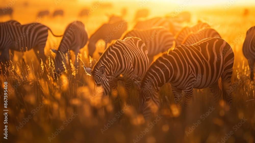 Fototapeta premium Zebras grazing in a golden field at sunset. The light creates a serene and beautiful scene showcasing the harmonious beauty of nature and wildlife.