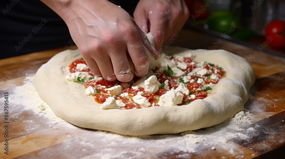 A close-up shot of hands preparing a pizza, adding cheese and tomato toppings, on a wooden surface surrounded by flour and vegetables in the background. A close-up shot of hands preparing a pizza, adding cheese and tomato toppings, on a wooden surface surrounded by flour and vegetables in the background.