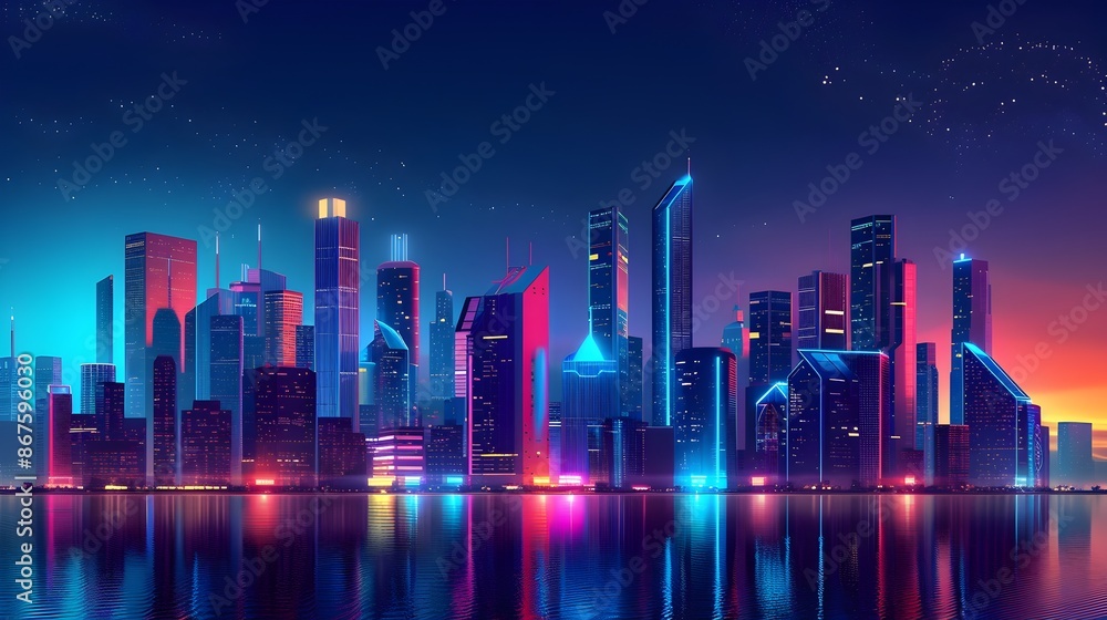 Fototapeta premium Mesmerizing Cityscape Reflecting in Tranquil Lake at Vibrant Nightfall