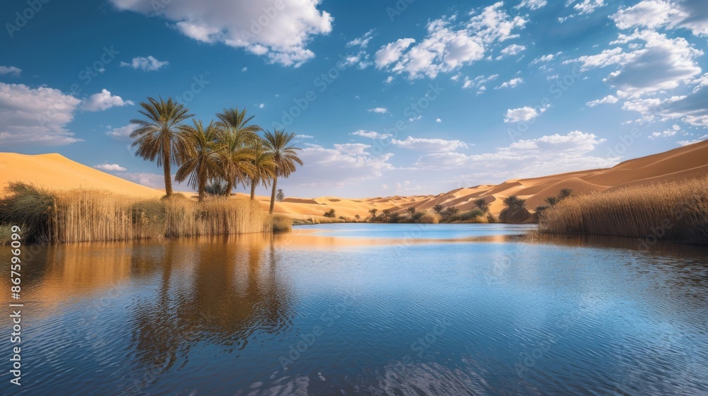 Serene desert oasis with palm trees and tranquil water under a bright blue sky. Beautiful mix of sand dunes, calm lake, and clear sky. Serene desert oasis with palm trees and tranquil water under a bright blue sky. Beautiful mix of sand dunes, calm lake, and clear sky.
