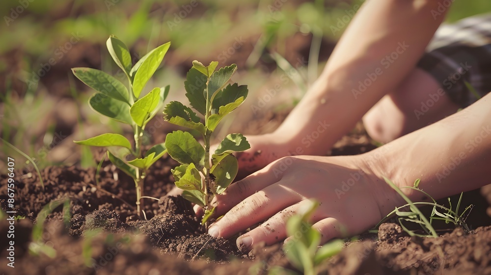 Fototapeta premium Hands Gently Nurturing a Sprouting Seedling in Rich Soil