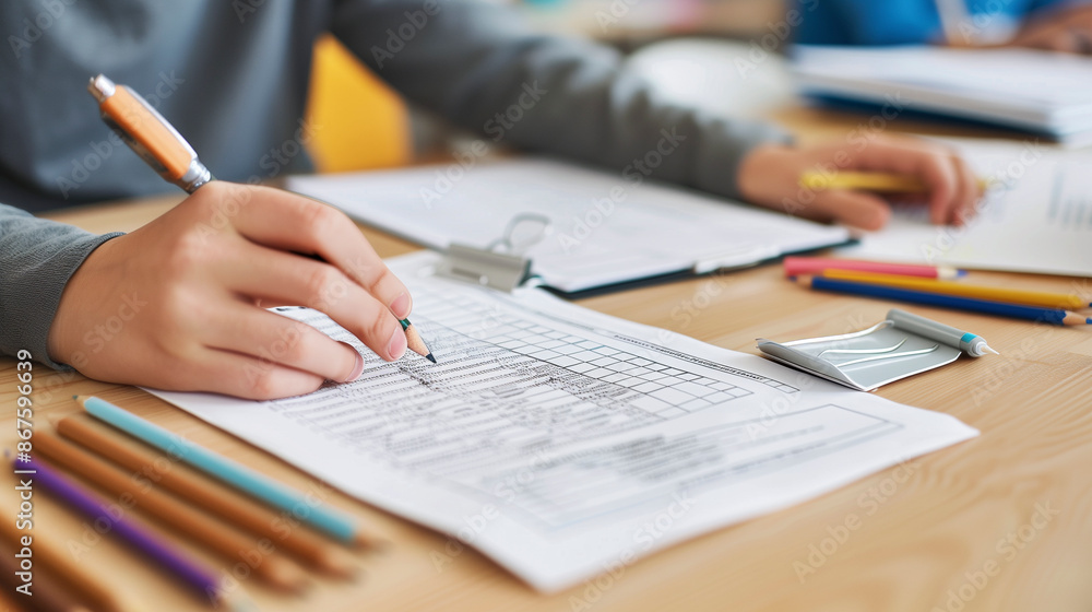 unrecognizable student answering a final exam in class unrecognizable student answering a final exam in class