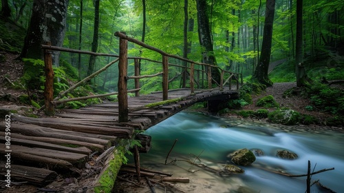 Wallpaper Mural A rustic wooden bridge crossing a serene stream in a dense forest Torontodigital.ca