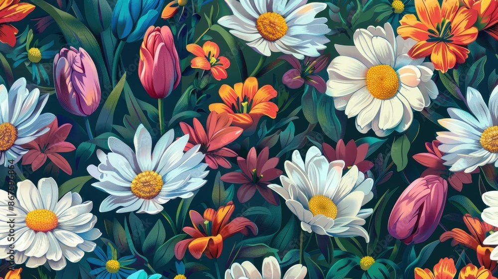 A seamless floral pattern with daisies and tulips in various colors A seamless floral pattern with daisies and tulips in various colors