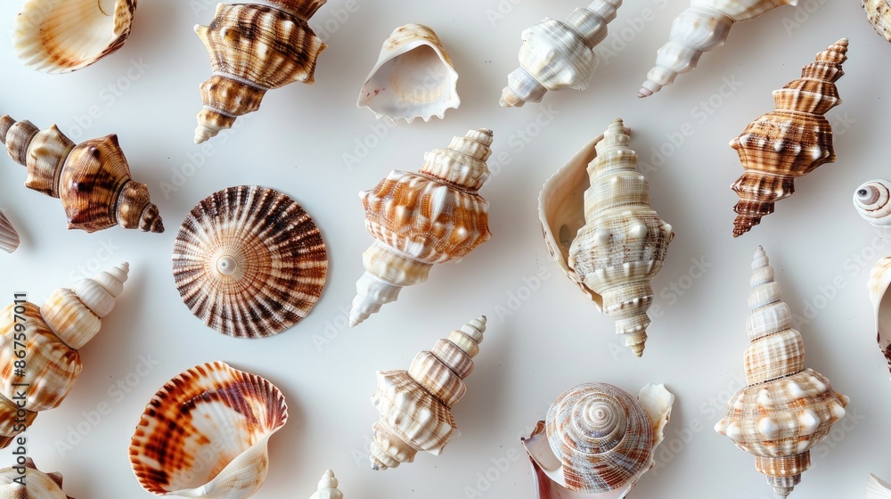 Obraz premium Small dry seashells on a white surface from above