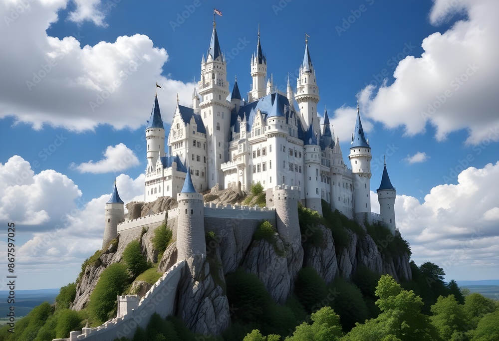 Fairy tales high fantasy castle on a impegnetrable rock cliff, white walls, blue roofs pointy, clear sky with clouds Fairy tales high fantasy castle on a impegnetrable rock cliff, white walls, blue roofs pointy, clear sky with clouds