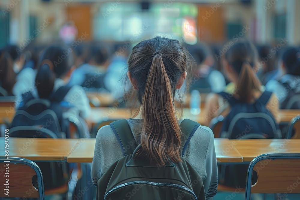Back view of a female student sitting in a classroom. Education concept. Back view of a female student sitting in a classroom. Education concept.