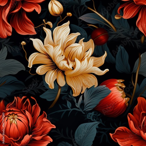 A seamless pattern of red and yellow flowers with green leaves on a dark blue background.
