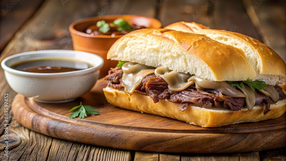 Delicious French dip sandwich served with au jus , sandwich, food, beef, au jus, dip, savory, delicious, roast beef, lunch
