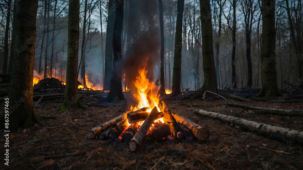 Burning campfire on a dark night in a forest Burning campfire on a dark night in a forest