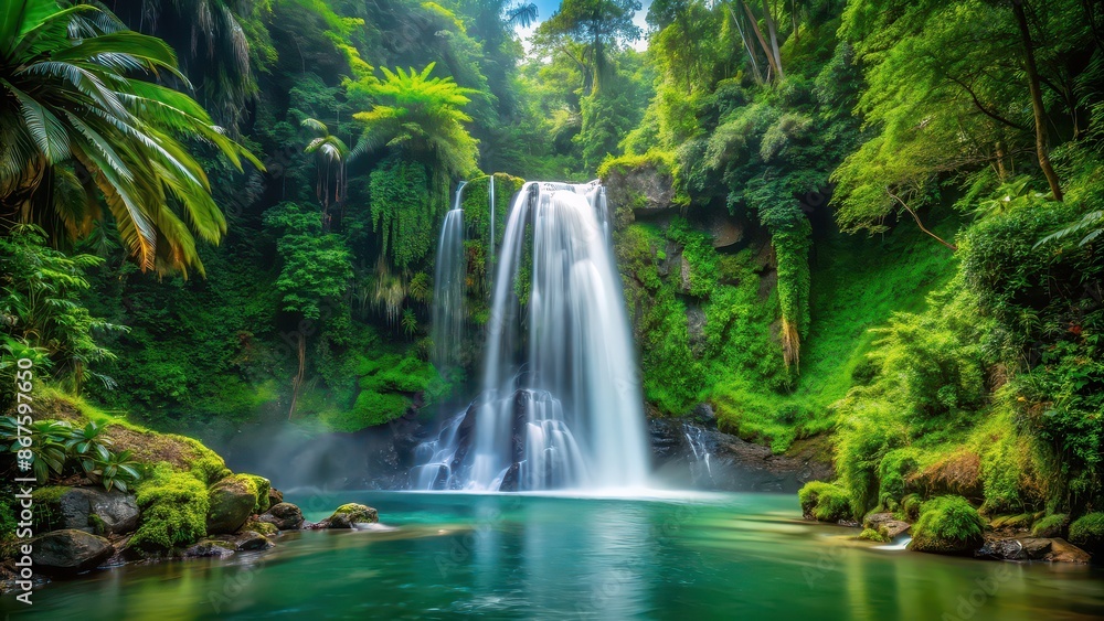 A stunning waterfall in the lush tropical forest, waterfall, tropical, forest, jungle, nature, landscape, green, paradise A stunning waterfall in the lush tropical forest, waterfall, tropical, forest, jungle, nature, landscape, green, paradise