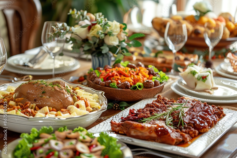 A beautifully set table with a variety of delicious dishes, perfect for a special occasion or celebration. A beautifully set table with a variety of delicious dishes, perfect for a special occasion or celebration.