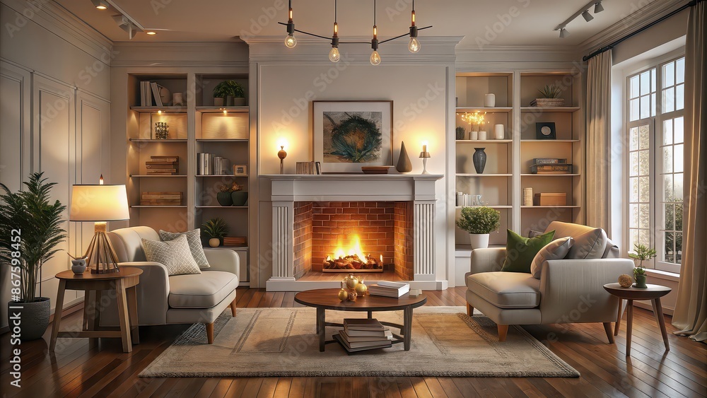 Cozy living room with a glowing fireplace , home decor, interior design, warm atmosphere, relaxation, cozy, comfortable Cozy living room with a glowing fireplace , home decor, interior design, warm atmosphere, relaxation, cozy, comfortable