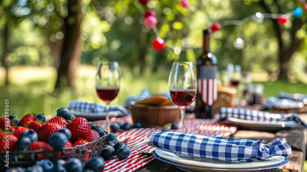 A festive picnic table set with red, white and blue checkered tablecloth, wine, and fruit. A festive picnic table set with red, white and blue checkered tablecloth, wine, and fruit.