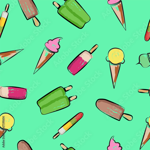 Color vector illustration with a contour. Ice cream on a stick of different shapes and flavors. Japanese double ice cream.